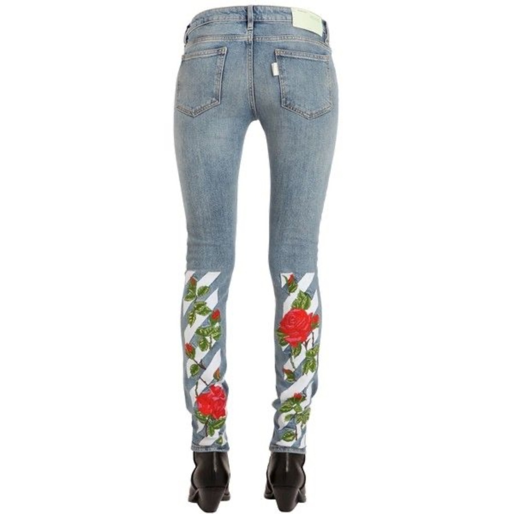 Off-White c/o Virgil Abloh Skinny Jeans with Red Rose Print Calf-back Accents